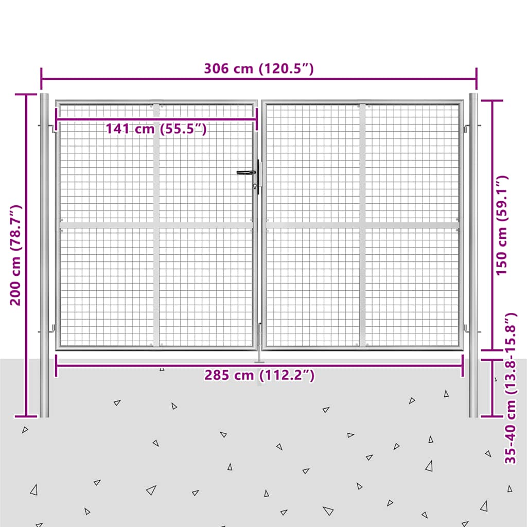 Gartentor Verzinkter Stahl 306 x 200 cm Silbern