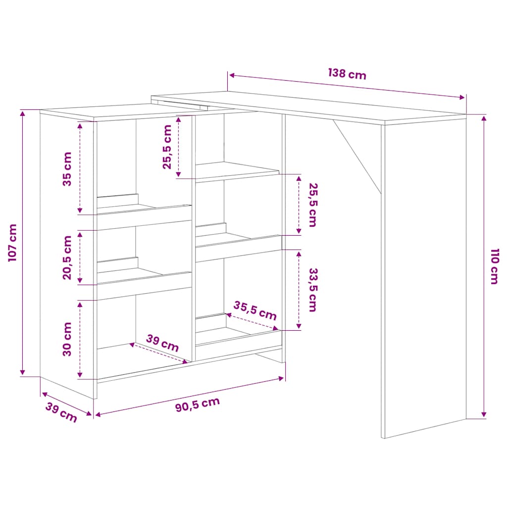 vidaXL Bartisch mit Beweglichem Regal Weiß 138x39x110 cm