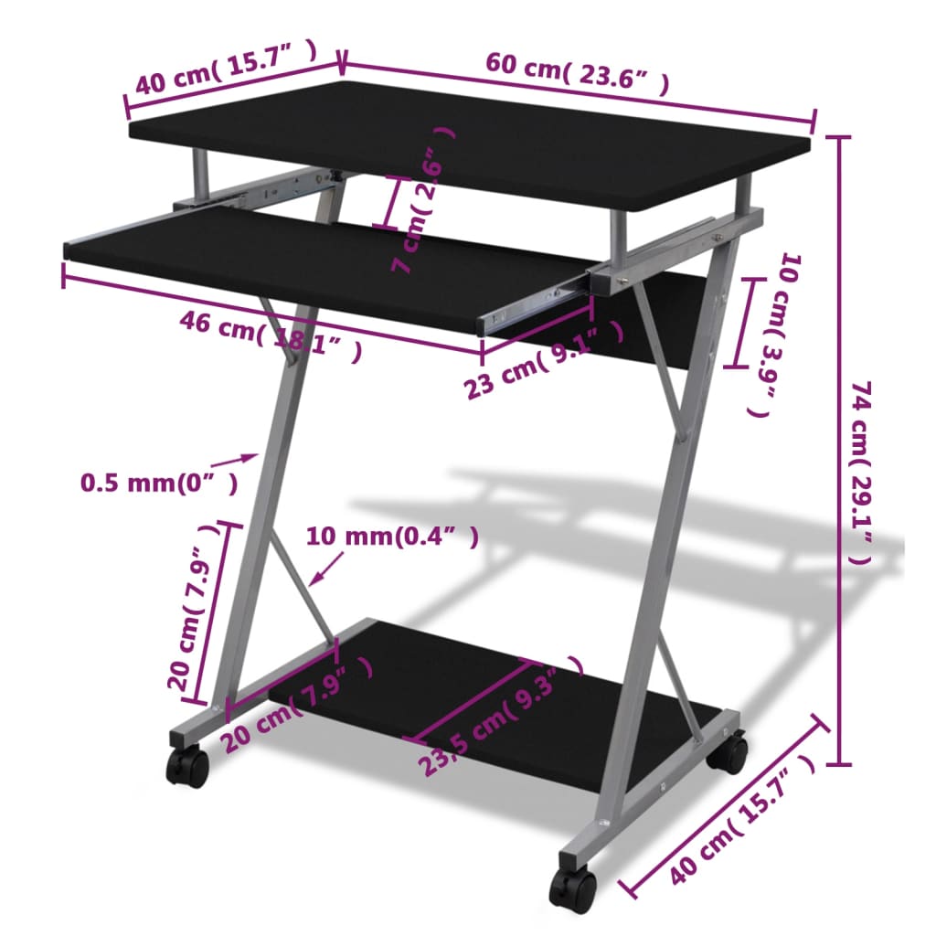 Table d'ordinateur Chariot d'ordinateur Bureau PC Bureau portable sur roulettes noir