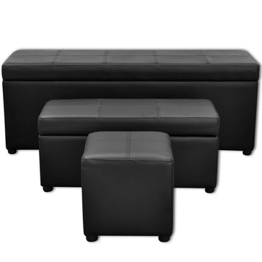 Banc de rangement similicuir noir repose-pieds ensemble 3 pièces