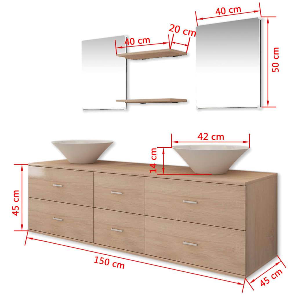 vidaXL 7-tlg. Badmöbel und Waschbecken Set Beige