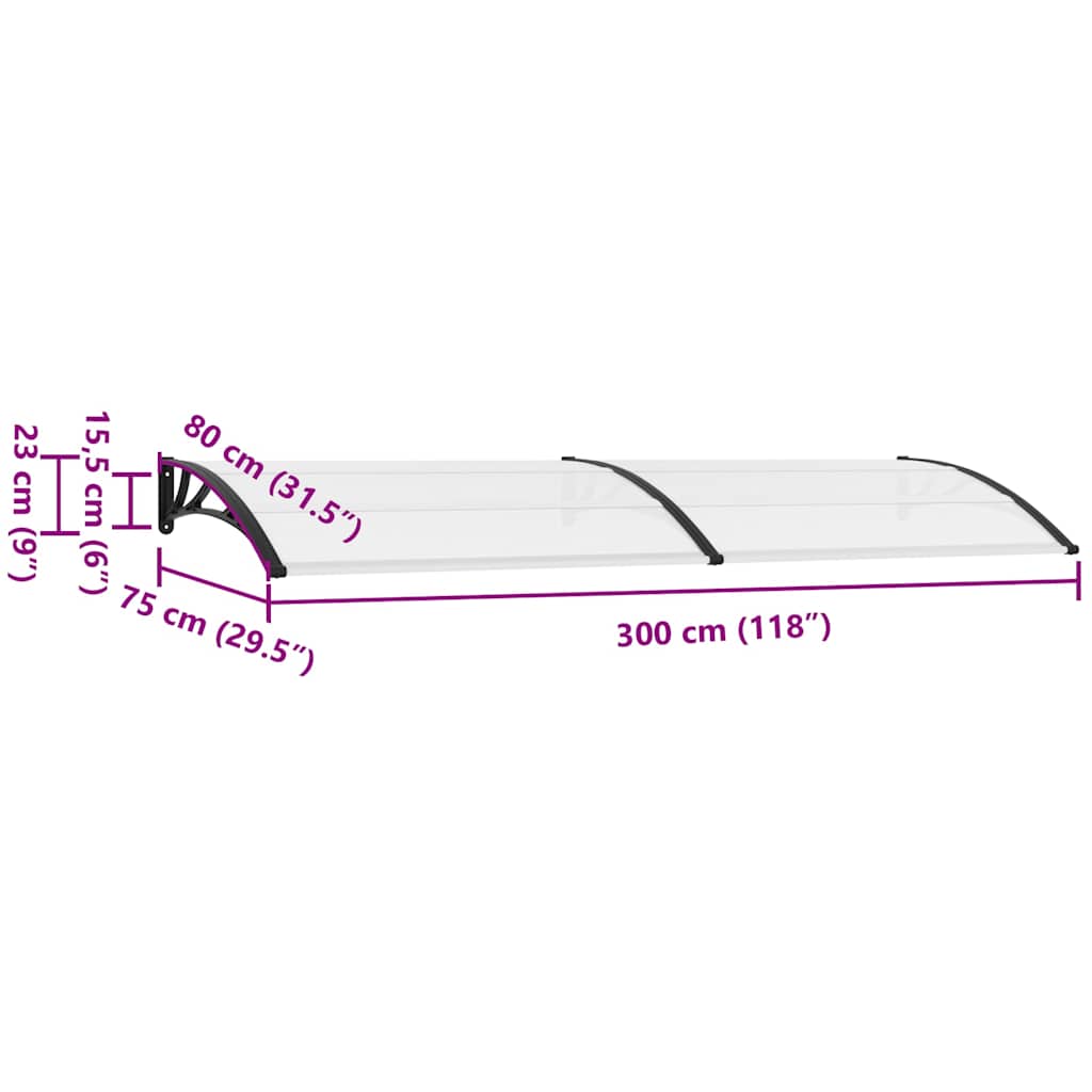 vidaXL Türvordach Schwarz und Transparent 300x75 cm PC