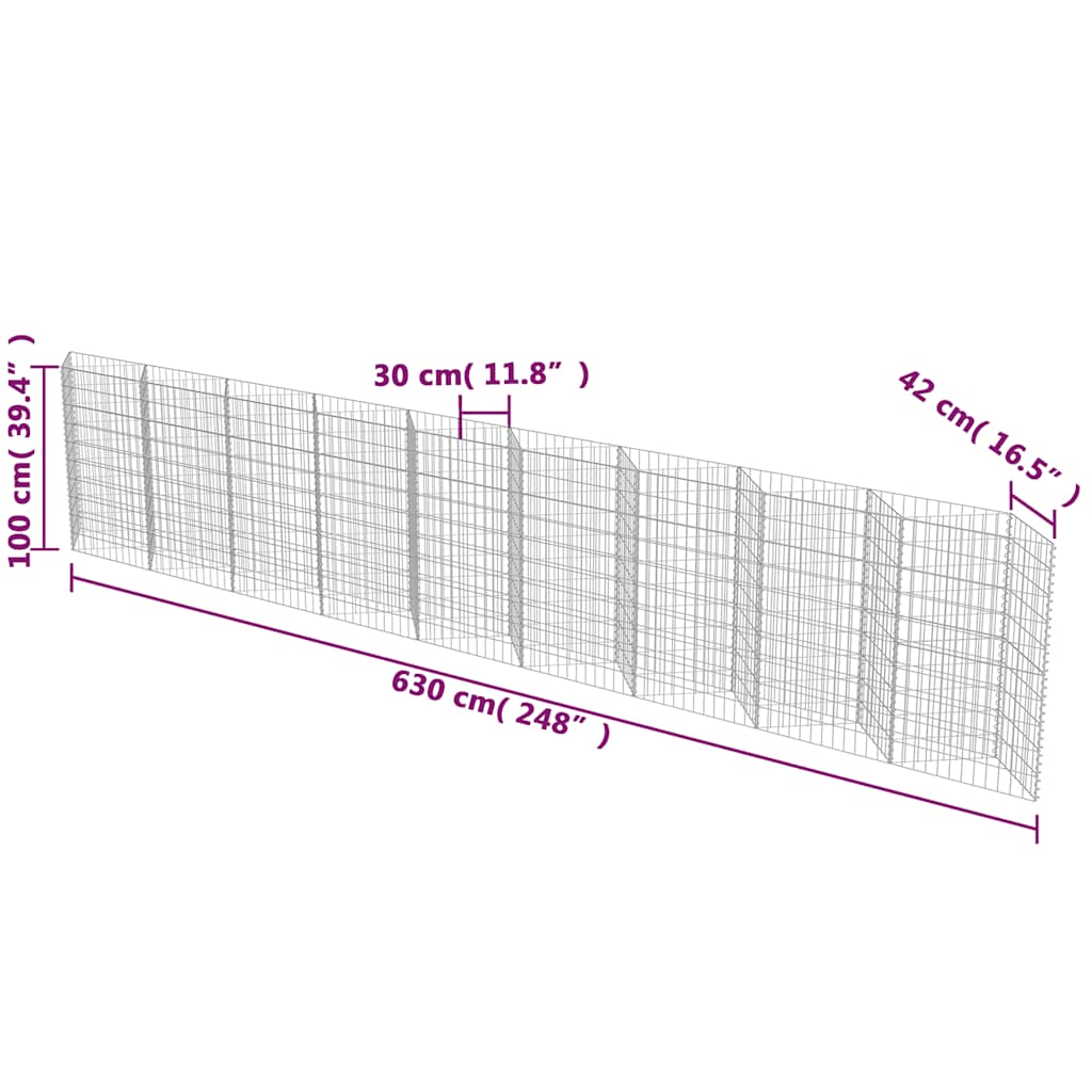 vidaXL Mur de gabions Acier galvanisé 630×30×100 cm