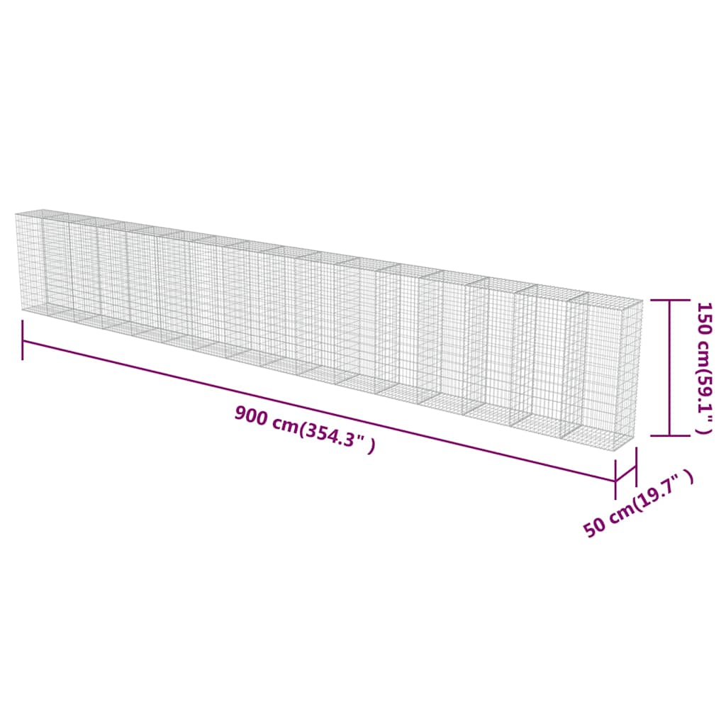 vidaXL Mur de gabions avec couvercle en acier galvanisé 900 x 50 x 150 cm