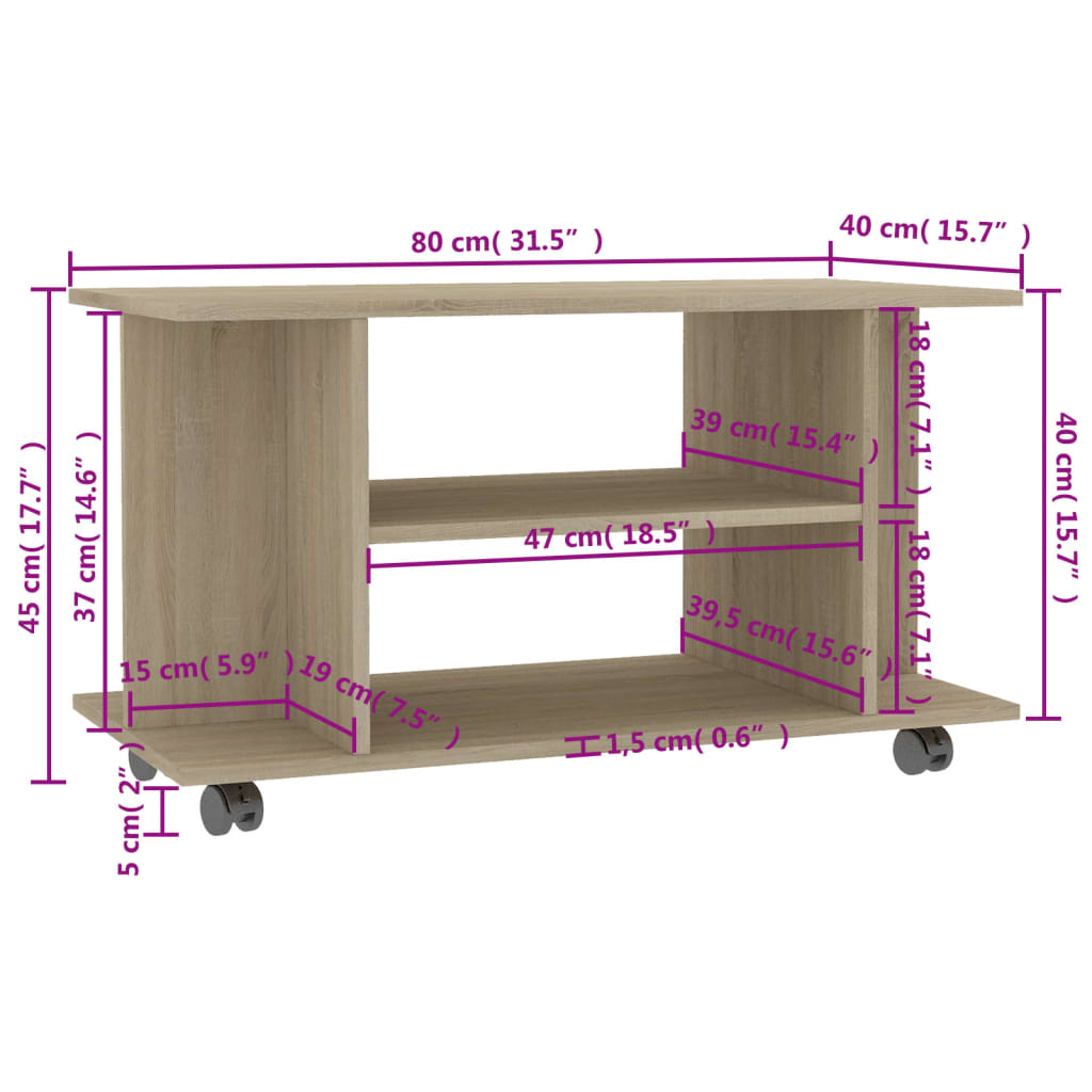 vidaXL Meuble TV à roulettes chêne Sonoma 80x40x45 cm Aggloméré
