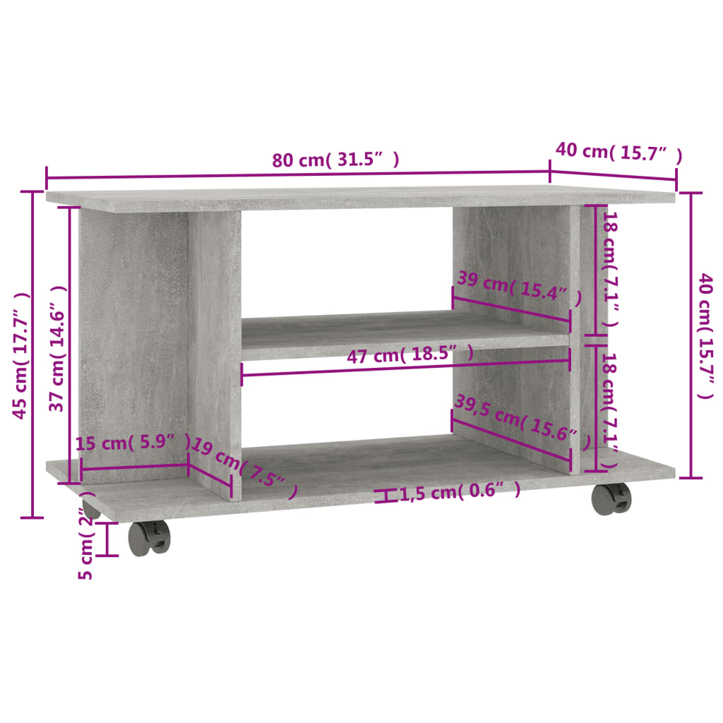 vidaXL Meuble TV avec roulettes gris béton 80x40x45 cm en bois d'ingénierie