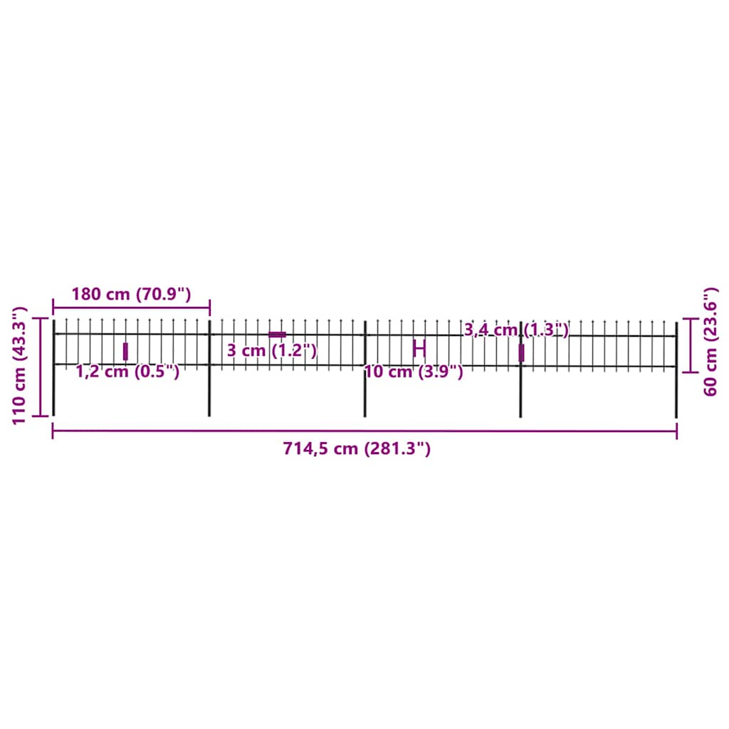 Gartenzaun mit Speerspitze Stahl 714,5 x 60 cm Schwarz