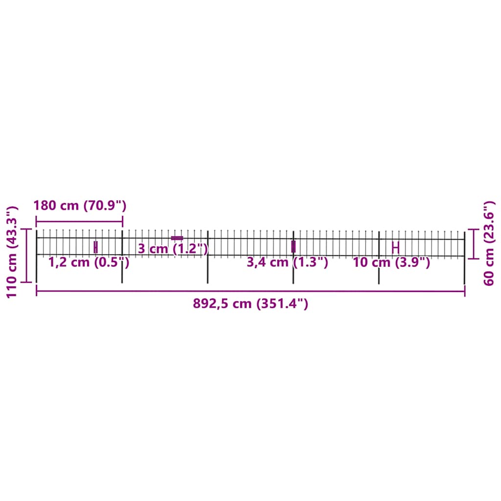 vidaXL Clôture de jardin avec têtes de lance Acier 892,5 x 60 cm Noir