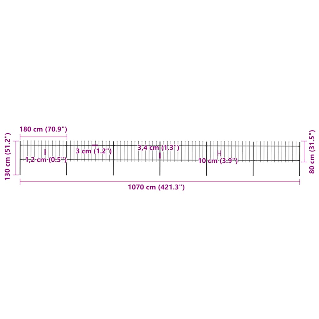 vidaXL Clôture de jardin avec têtes de lance Acier 1070 x 80 cm Noir