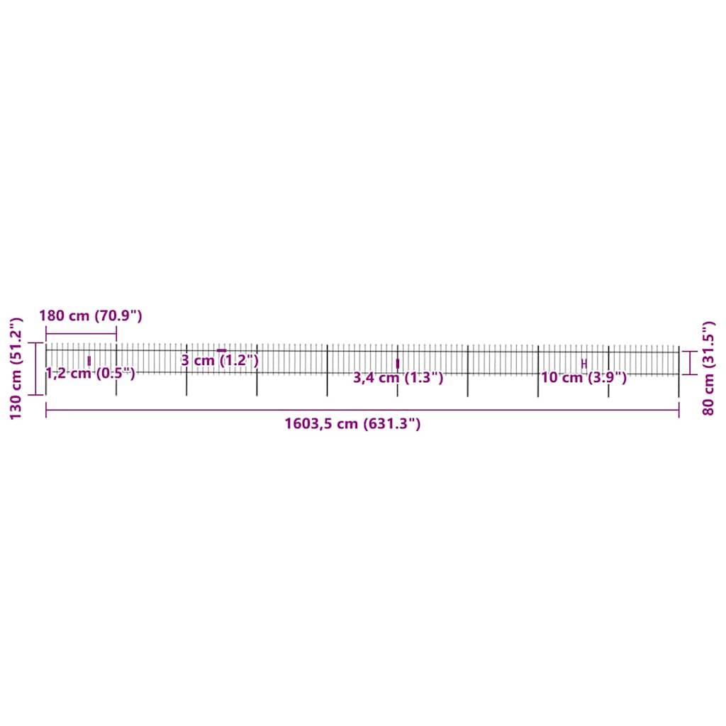 vidaXL Clôture de jardin avec fer de lance Acier 1603,5 x 80 cm Noir