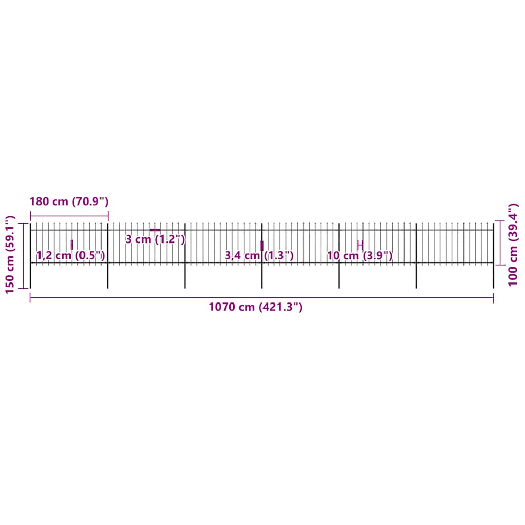 Gartenzaun mit Speerspitze Stahl 1070 x 100 cm Schwarz