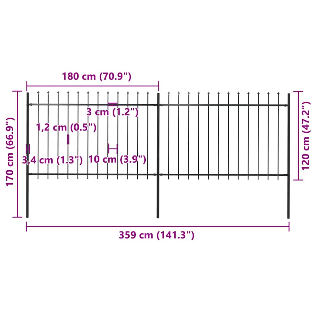 vidaXL Clôture de jardin avec pointes de lance Acier 3,4 x 1,2 m Noir