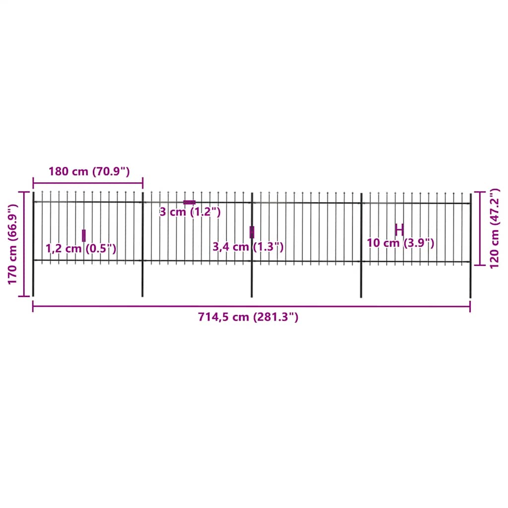 vidaXL Clôture de jardin avec fers de lance Acier 714,5 x 120 cm Noir