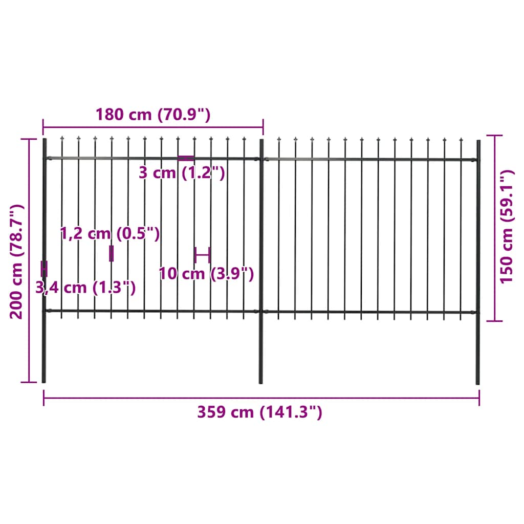 vidaXL Gartenzaun mit Speerspitze Stahl 359 x 150 cm Schwarz