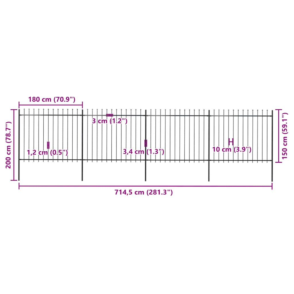 vidaXL Clôture de jardin avec fers de lance Acier 714,5 x 150 cm Noir