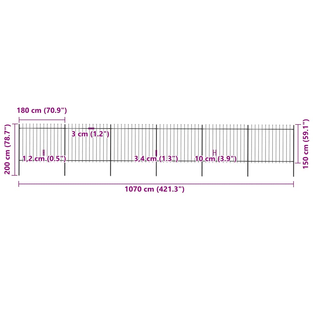 vidaXL Clôture de jardin avec lance en acier 1070 x 150 cm noir
