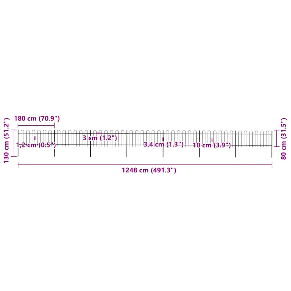 Gartenzaun mit Bögen Stahl 1248 x 80 cm Schwarz