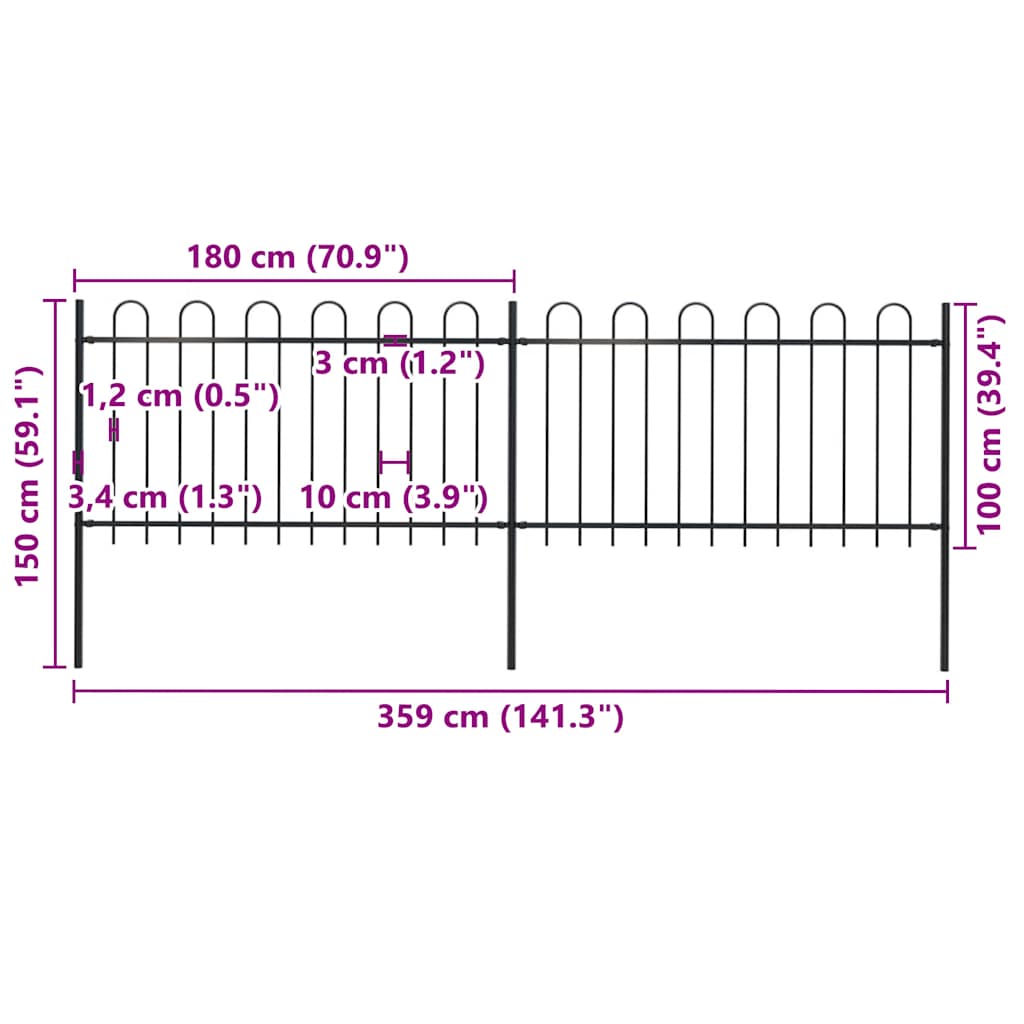 vidaXL Clôture de jardin avec arche en acier 359 x 100 cm Noir