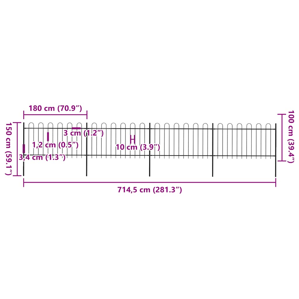 Gartenzaun mit Rundbogen Stahl 714,5 x 100 cm Schwarz