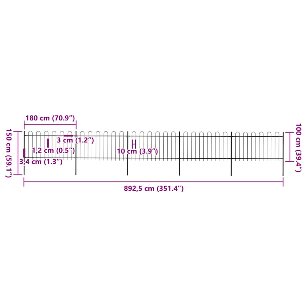 vidaXL Clôture de jardin avec arche en acier 892,5 x 100 cm Noir