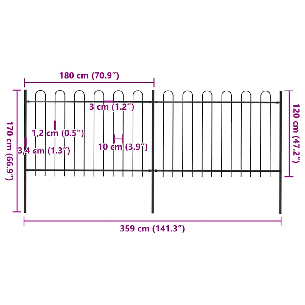 vidaXL Clôture de jardin avec arche en acier 359 x 120 cm noir