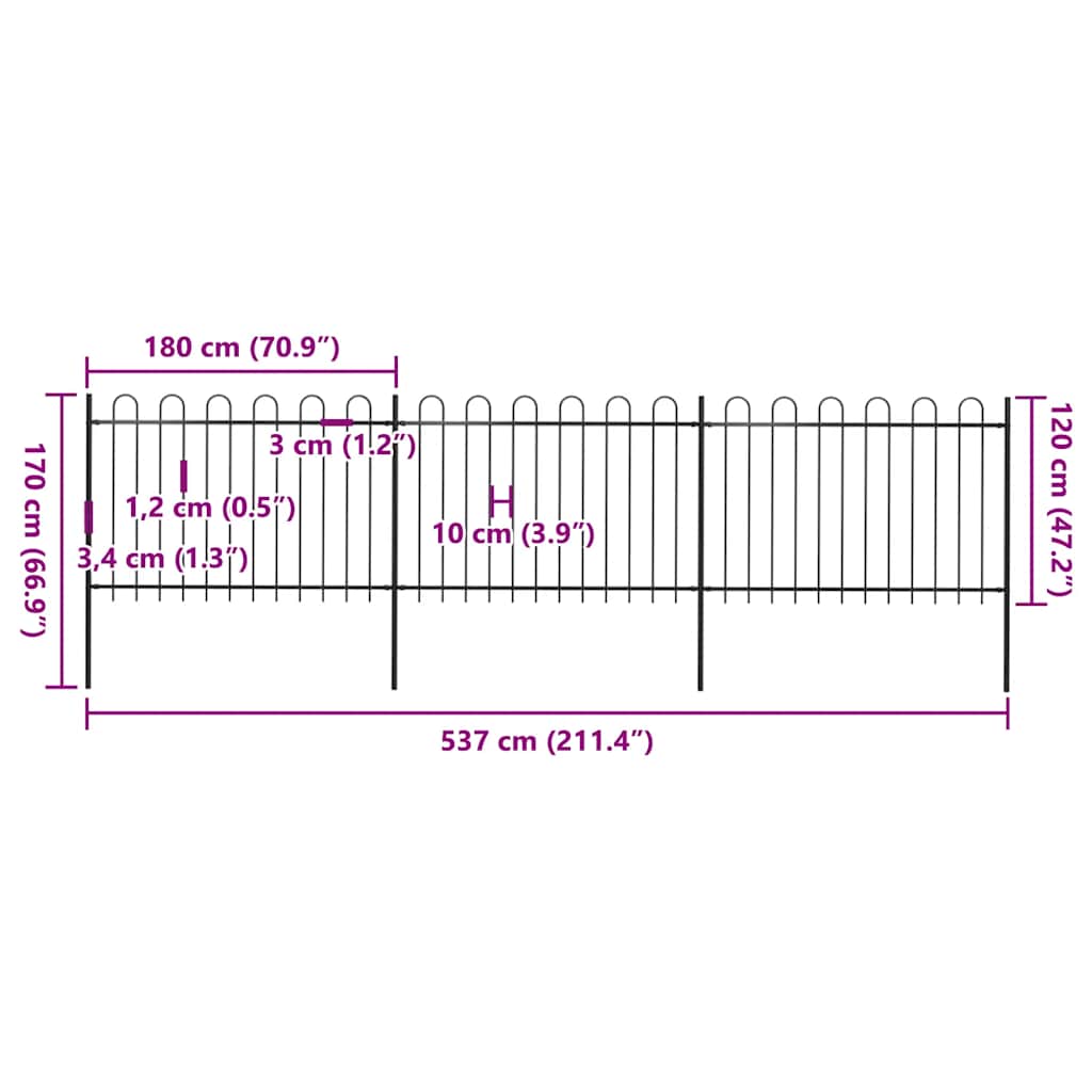 vidaXL Clôture de jardin en acier avec arche 537 x 120 cm Noir