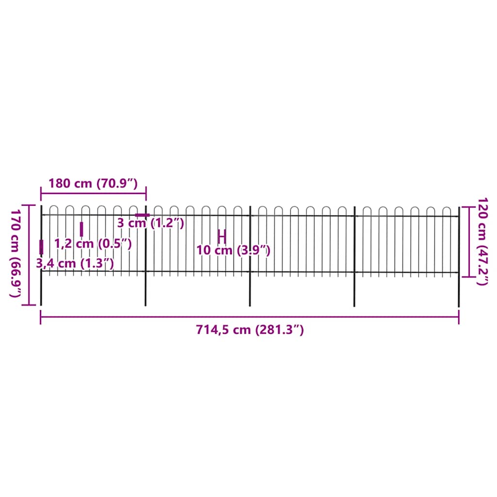 Gartenzaun mit Rundbogen Stahl 714,5 x 120 cm Schwarz