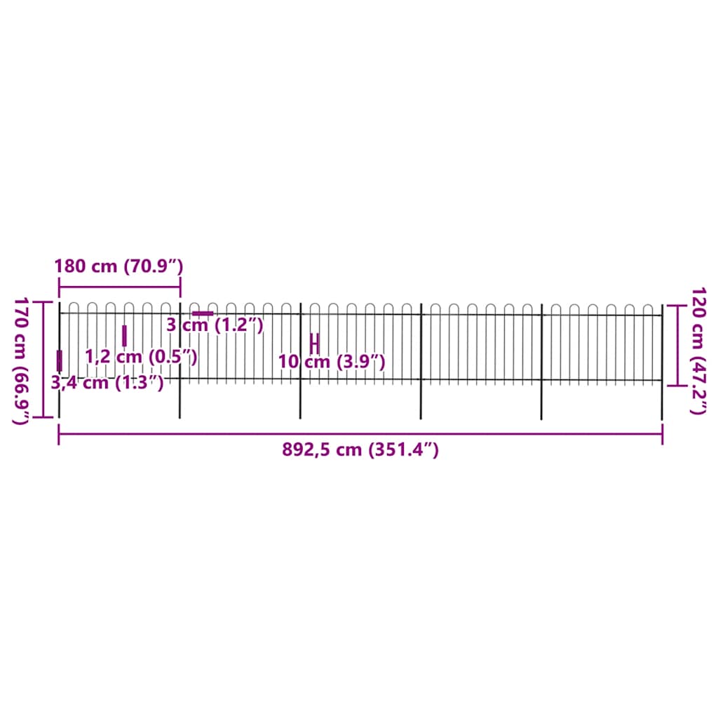vidaXL Clôture de jardin design en acier avec arceaux 8,5 x 1,2 m Noir