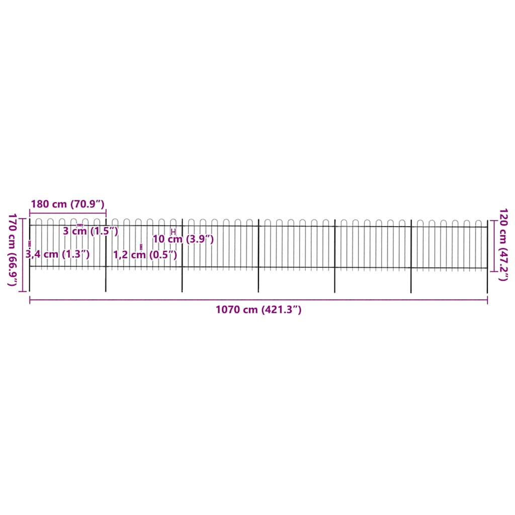 Gartenzaun mit Rundbogen Stahl 1070 x 120 cm Schwarz