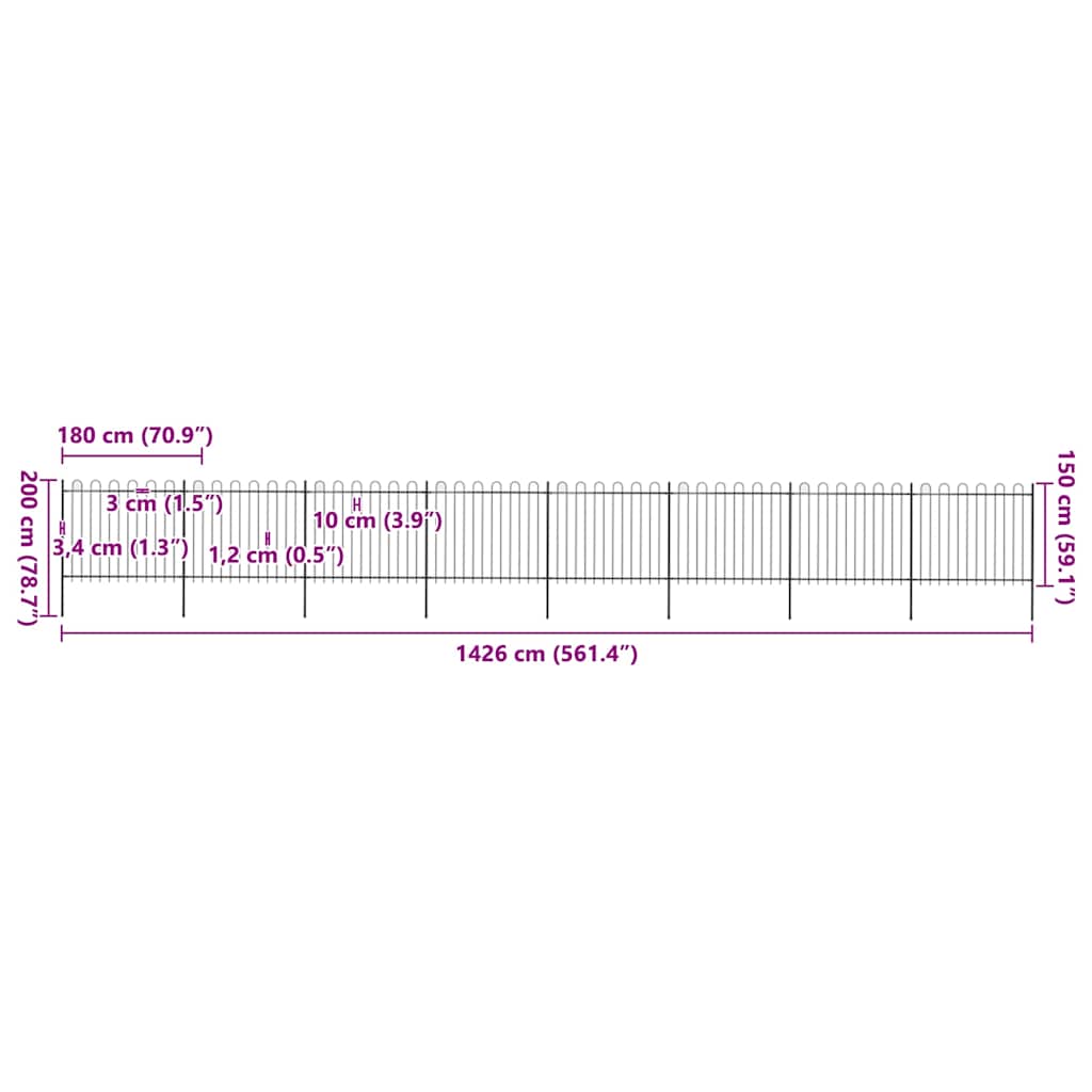 vidaXL Gartenzaun mit Rundbogen Stahl 1426 x 150 cm Schwarz