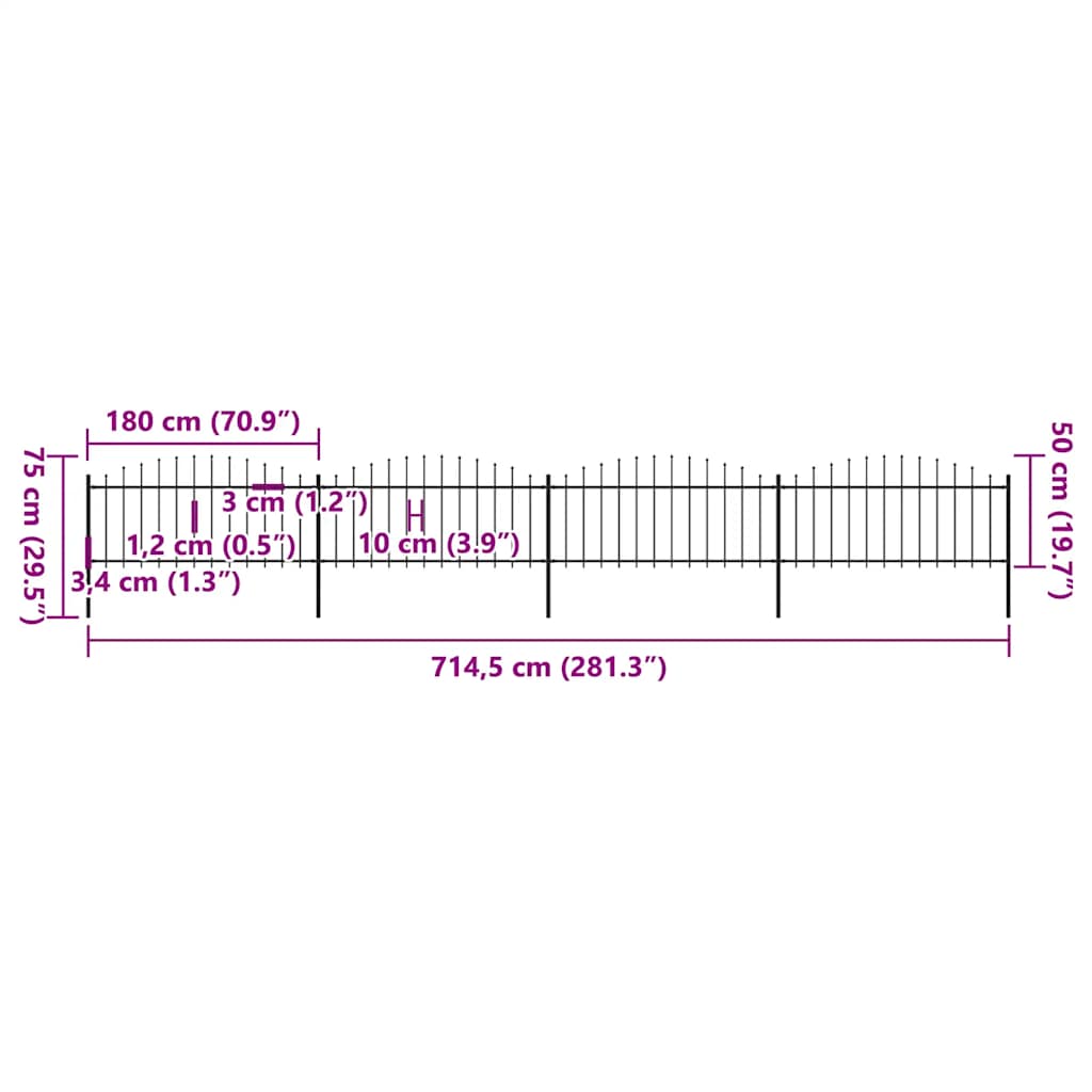 vidaXL Clôture de jardin avec pointes en fer forgé Acier 714,5 x 75 cm Noir