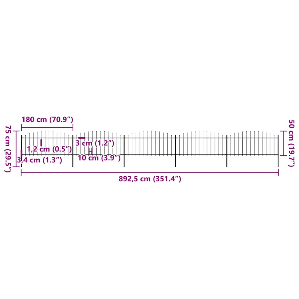 vidaXL Clôture de jardin en acier avec pointes de lance 892,5 x 75 cm noir