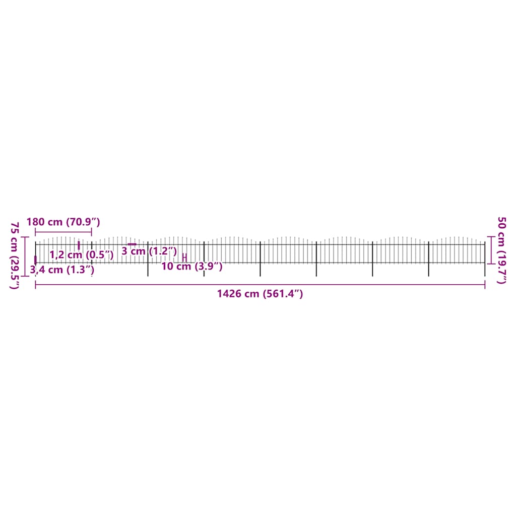 Gartenzaun mit Speerspitze Stahl 1426 x 75 cm Schwarz