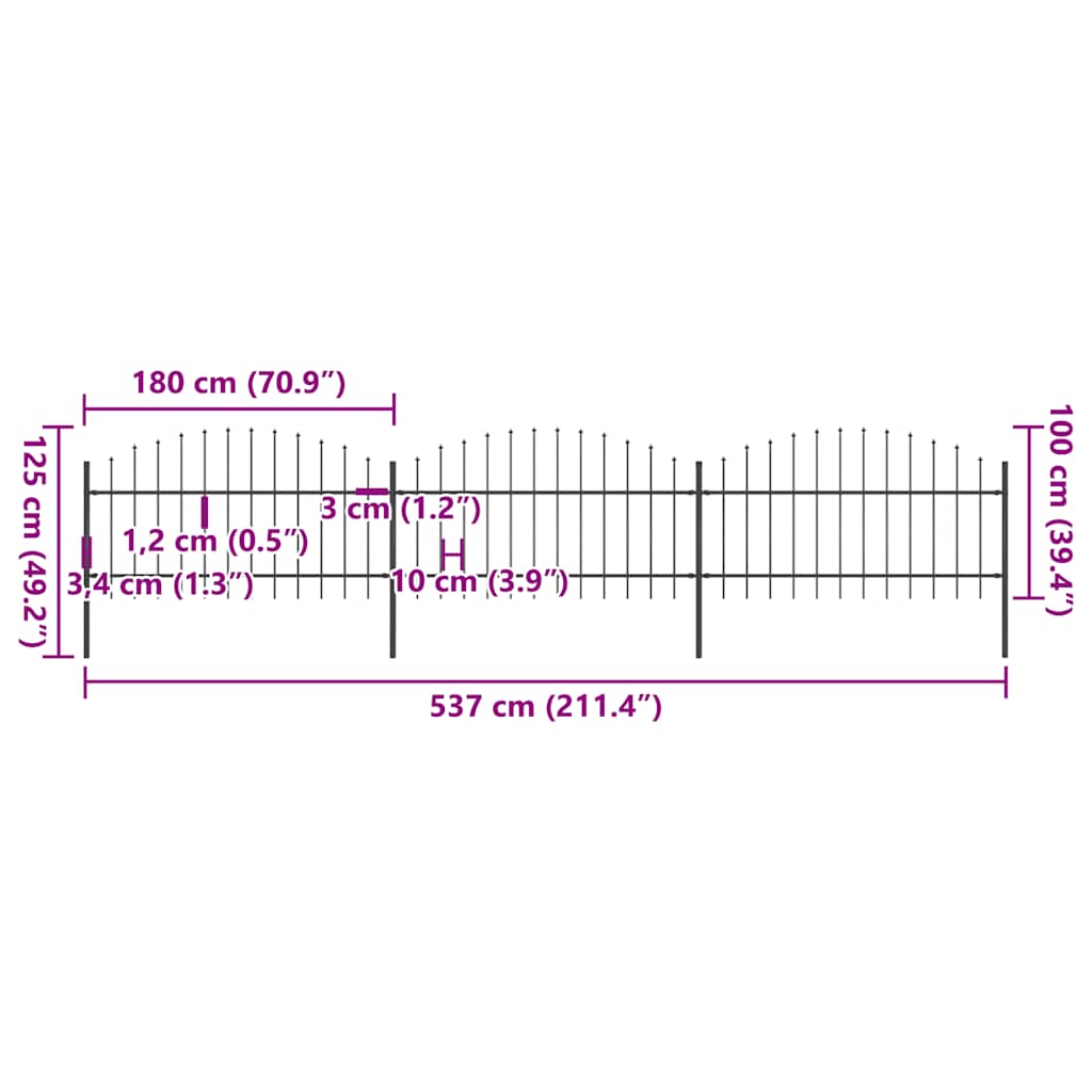 vidaXL Clôture de jardin avec fers de lance Acier 537 x 125 cm Noir