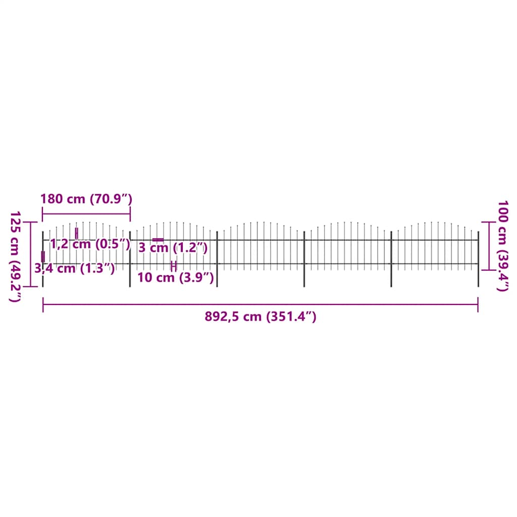 vidaXL Gartenzaun mit Speerspitze Stahl 892,5 x 125 cm Schwarz