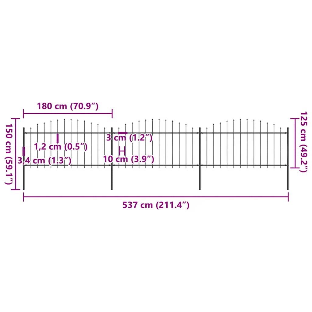 vidaXL Gartenzaun mit Speerspitze Stahl 537 x 150 cm Schwarz