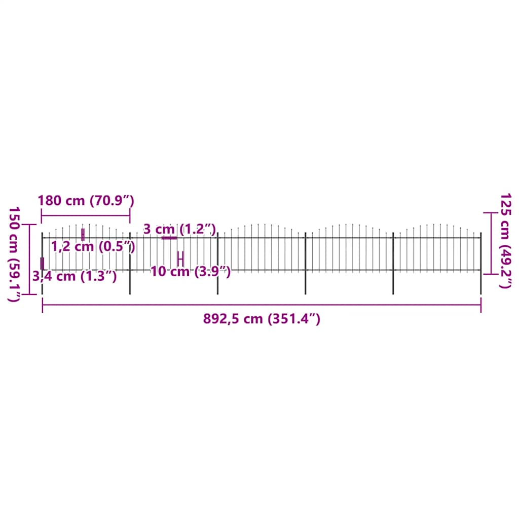 vidaXL Gartenzaun mit Speerspitze Stahl 892,5 x 150 cm Schwarz
