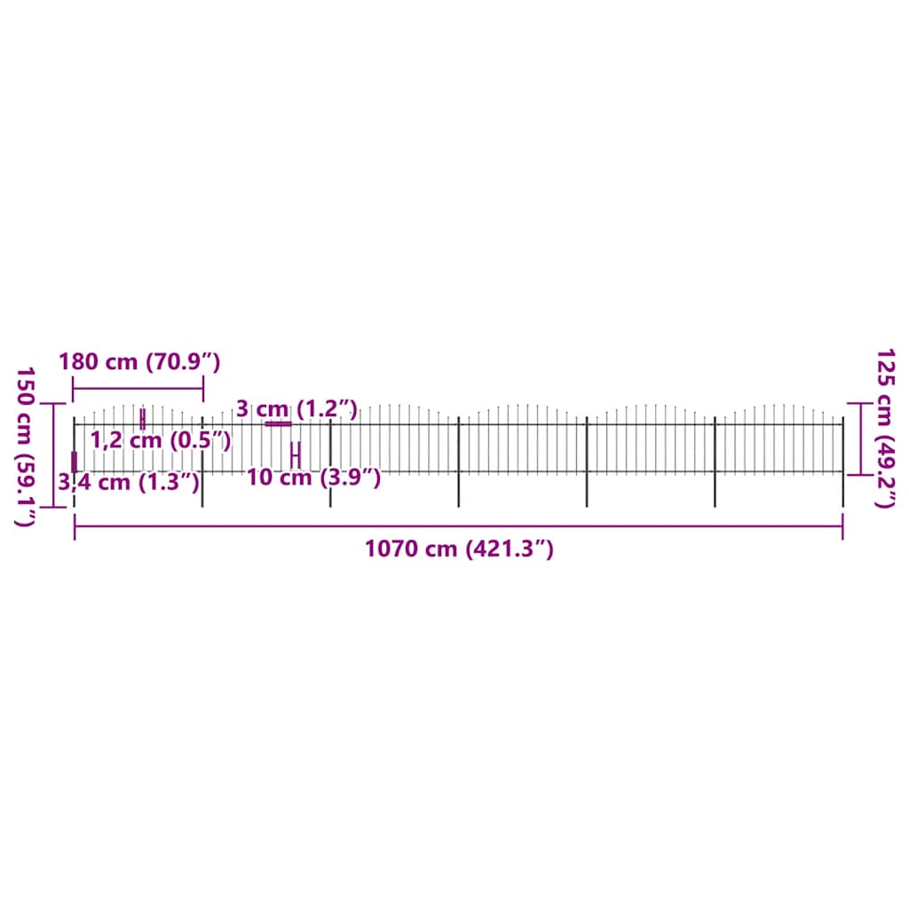 vidaXL Gartenzaun mit Speerspitze Stahl 1070 x 150 cm Schwarz