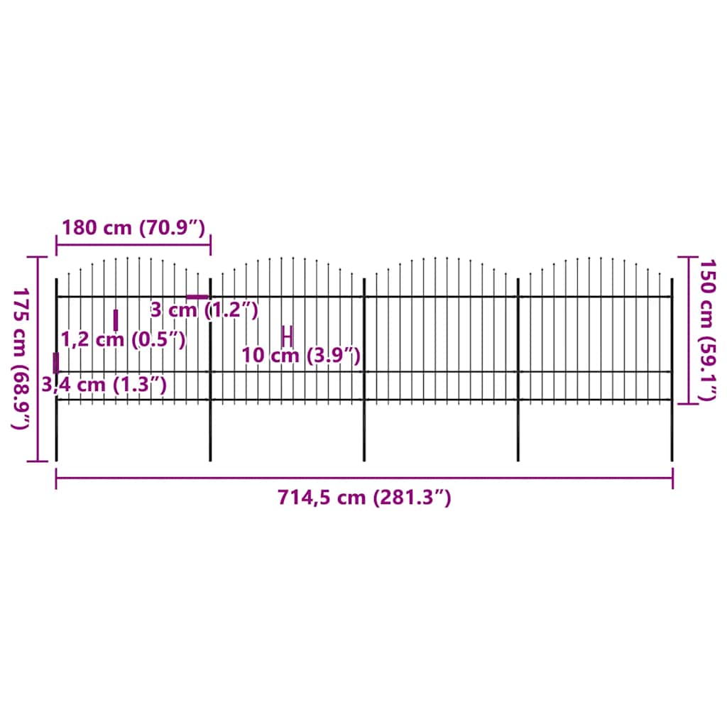 vidaXL Gartenzaun mit Speerspitze Stahl 714,5 x 175 cm Schwarz