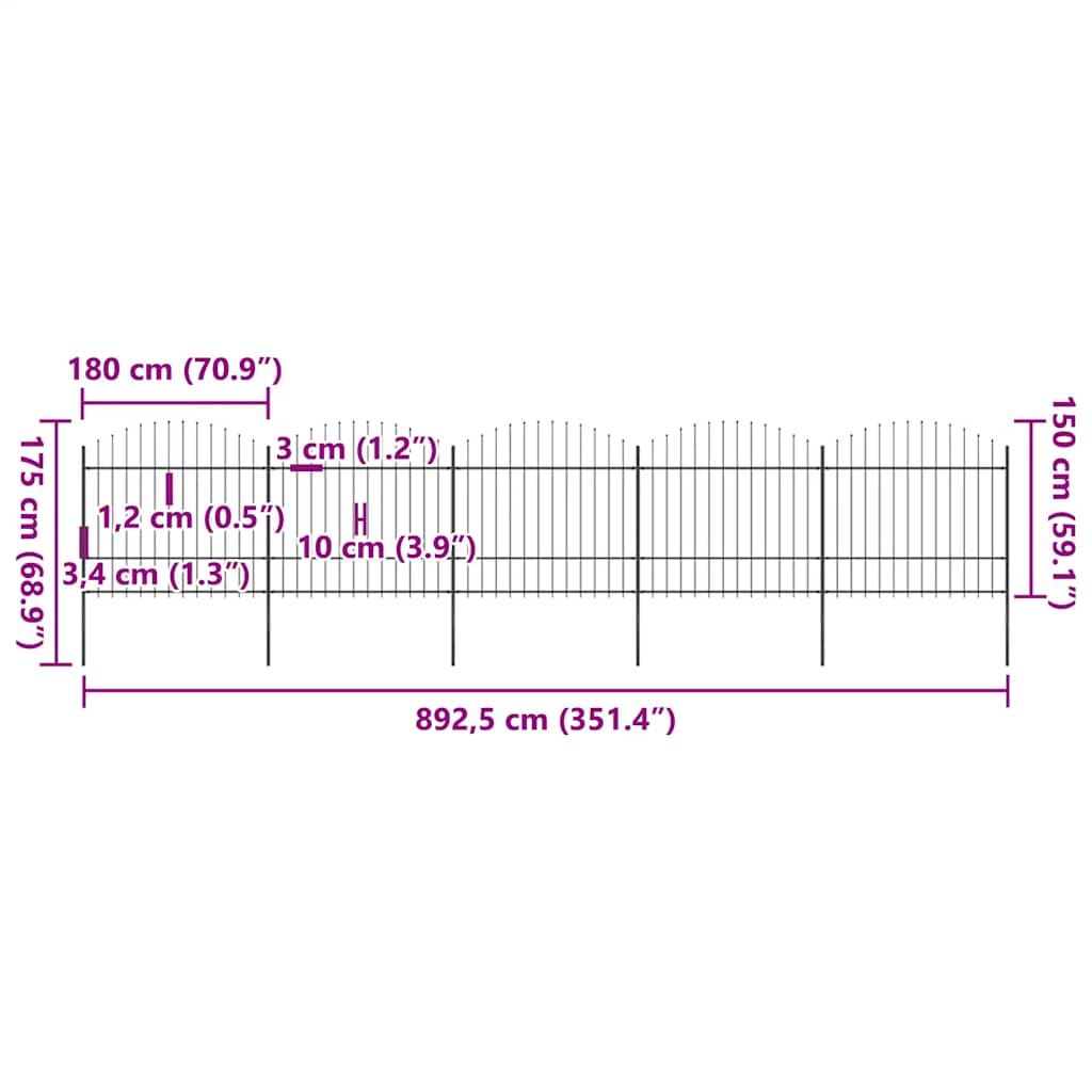 vidaXL Gartenzaun mit Speerspitze Stahl 892,5 x 175 cm Schwarz