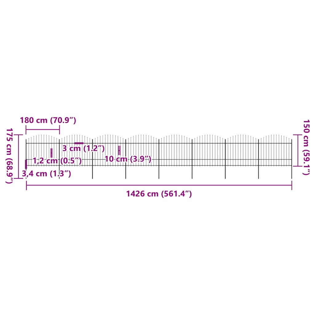 vidaXL Gartenzaun mit Speerspitze Stahl 1426 x 175 cm Schwarz