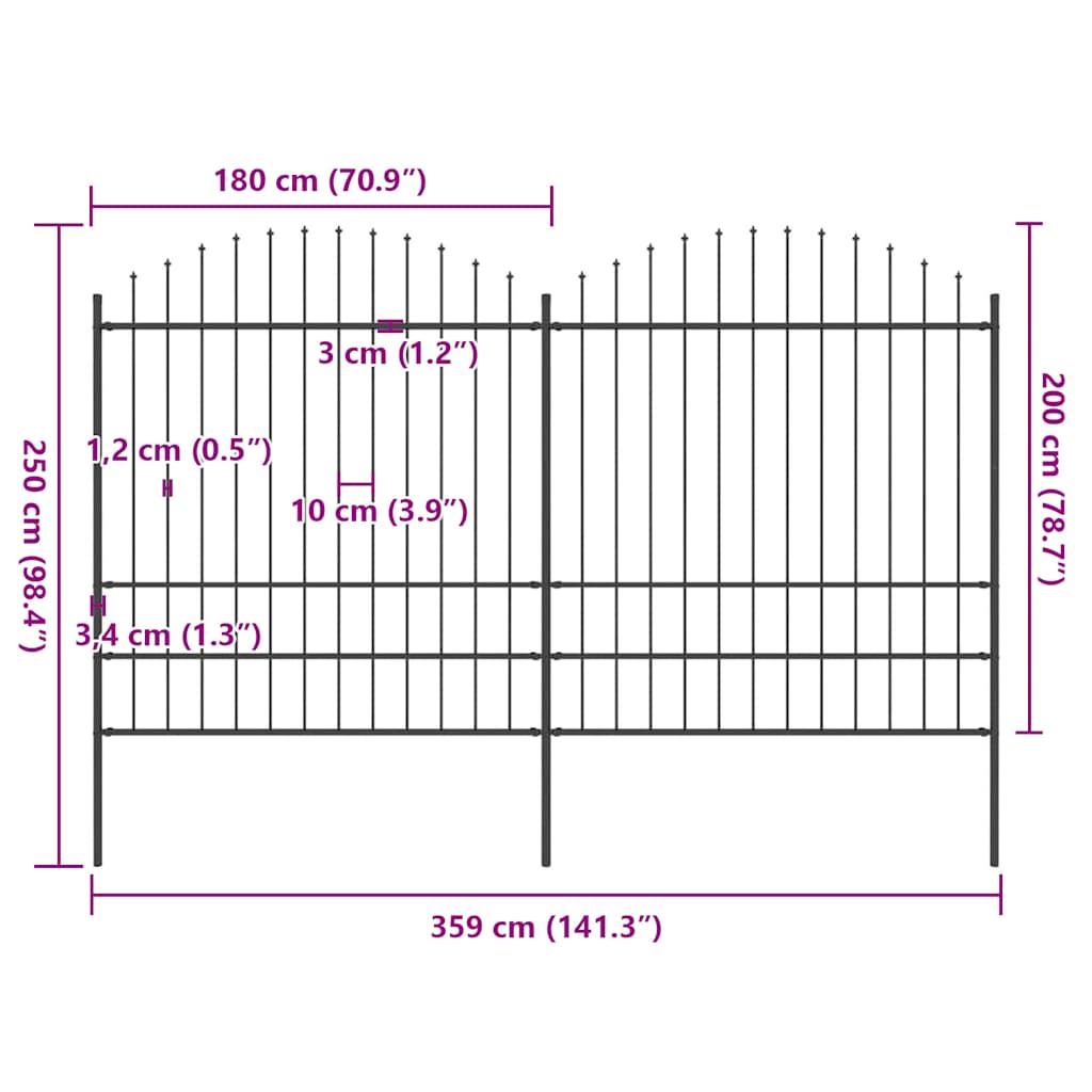 vidaXL Gartenzaun mit Speerspitze Stahl 359 x 200 cm Schwarz