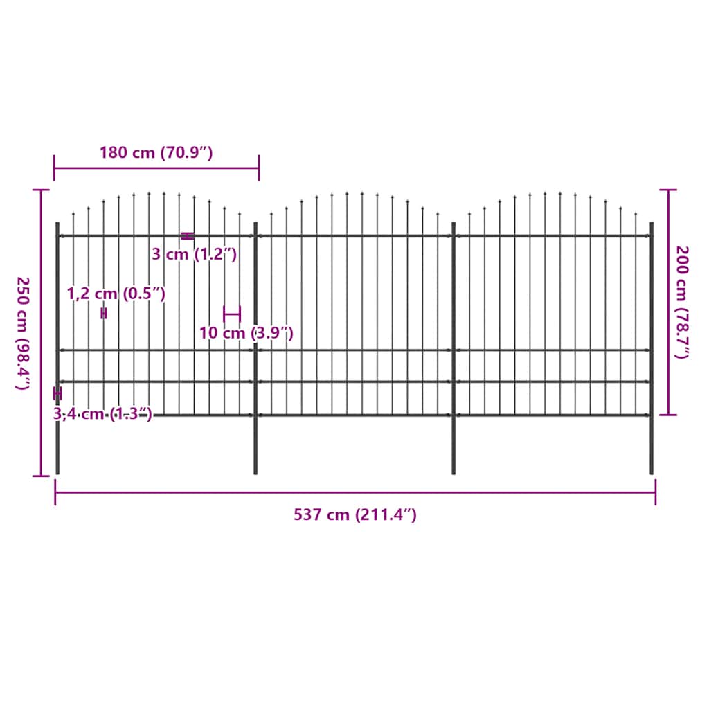 vidaXL Gartenzaun mit Speerspitze Stahl 537 x 200 cm Schwarz