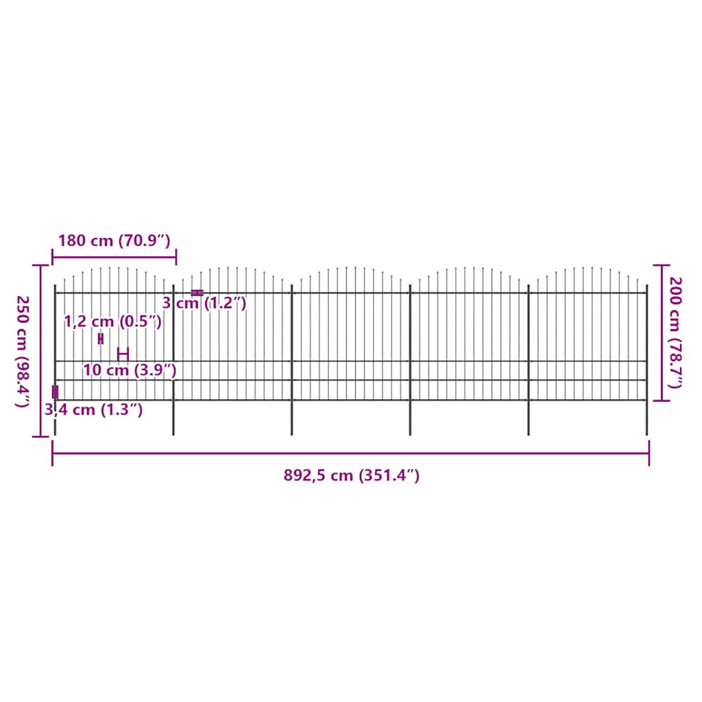 vidaXL Gartenzaun mit Speerspitze Stahl 892,5 x 200 cm Schwarz
