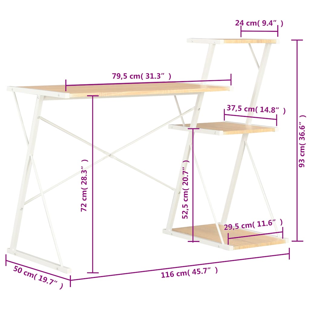 vidaXL Bureau avec étagère Blanc et Chêne 116×50×93 cm