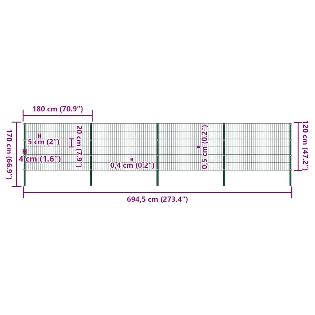 Zaunelement mit Pfosten Eisen 694,5 x 120 cm Grün
