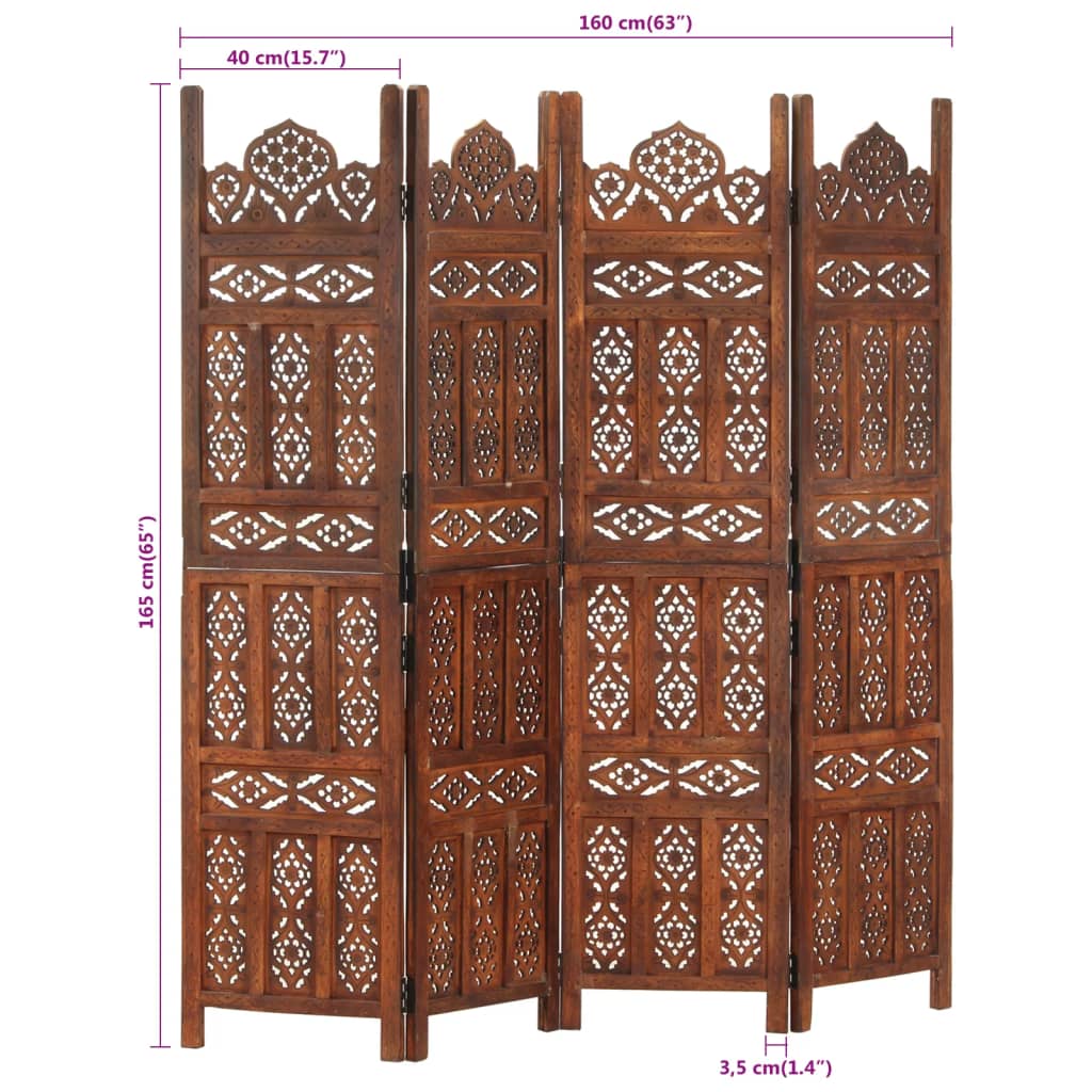 vidaXL 4-tlg. Raumteiler Handgeschnitzt Braun 160×165 cm Mangoholz