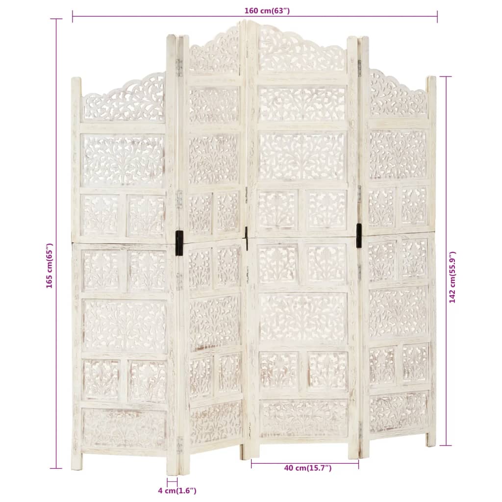 vidaXL 4tlg. Raumteiler Handgeschnitzt Weiß 160×165cm Mango Massivholz