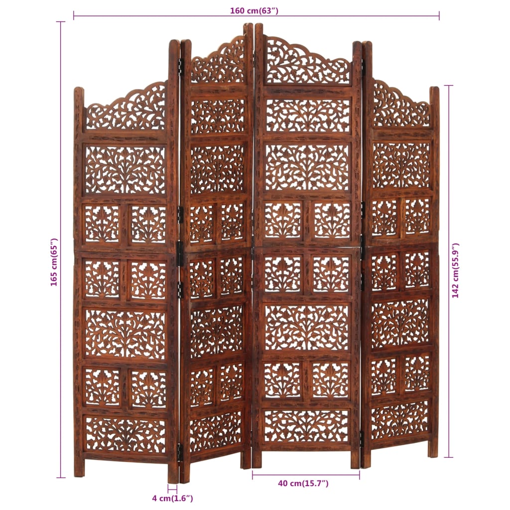 vidaXL 4-tlg. Raumteiler Handgeschnitzt Braun 160×165 cm Mangoholz