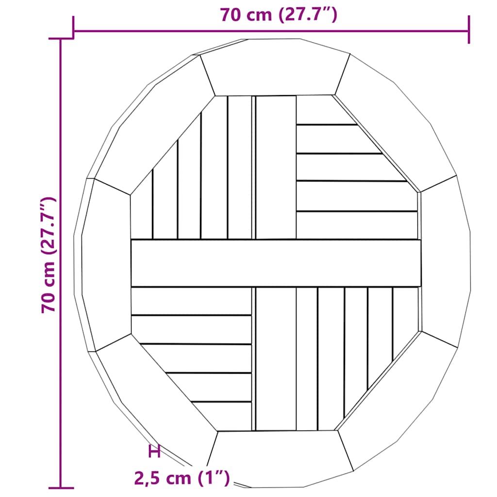 Tischplatte Massivholz Teak Rund 2,5 cm 70 cm